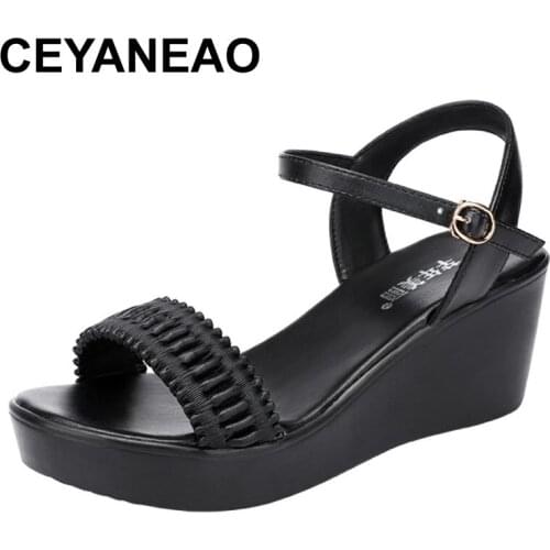 CEYANEAO Plus Size 32-43 Open Head Ankle Buckle Platfrom Wedges Shoes Summer 2021 Casual Comfortable Medium Heel Beach Sandals