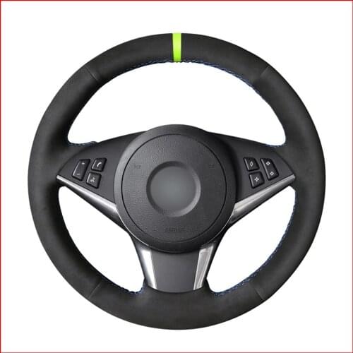 Black Suede Car Green Marker Steering Wheel Cover for BMW E60 530d 545i 550i E61 Touring 2005-2009 E63 E64 630i 645Ci 650i
