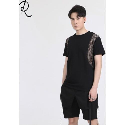 Dark Summer Europe and the United States Department of Personality breathable Mesh Zipper stitching slim round collar short-slee