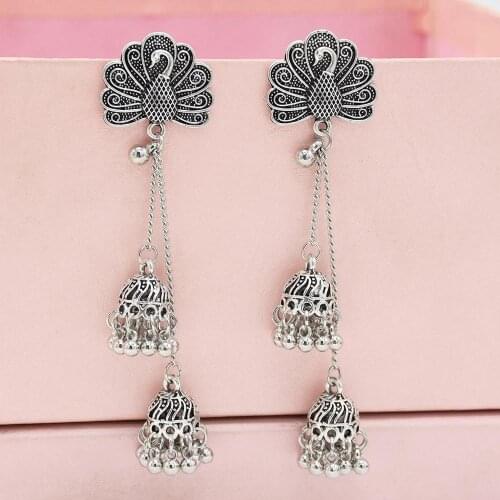 Peacock Jhumka Indian Earrings for Women Bead Wedding Silver Color Tassel Chains Oxidised Jhumki Fringe Earrings Afghan Jewelry