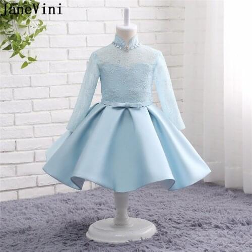 JaneVini Light Sky Blue Satin Flower Girl Dresses Lace Long Sleeves High Neck Beaded A Line Cute Pageant Birthday Party Dresses