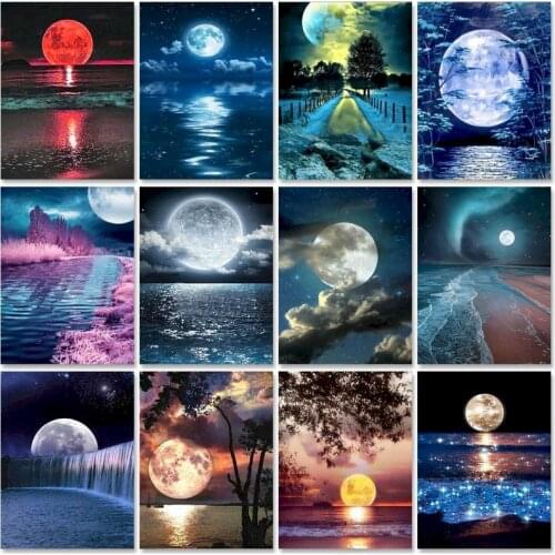 Framed Paint By Numbers Pictures For Adults Moon On Canvas Landscpae Digital Coloring Drawing Oil Paintings By Number Home Decor