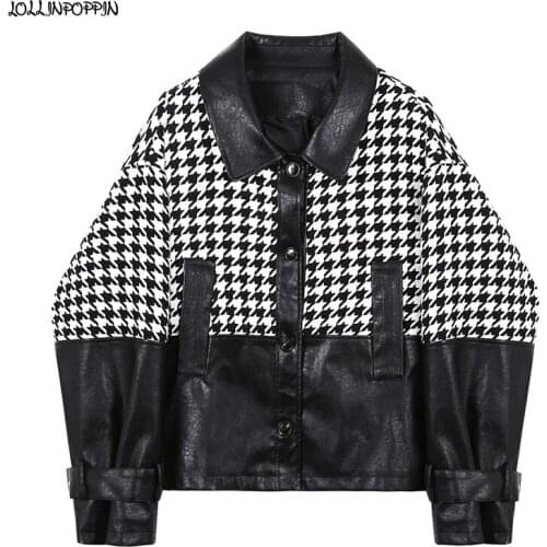 Houndstooth Pattern Patchwork Men Faux Leather Jacket Turn Down Collar Single Breasted 2021 New Loose Fit Short-Length Coat PU