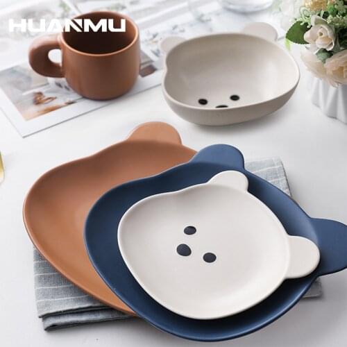 Ins Bear Shape Ceramic Bowl Plate Mug Set Cute Dinnerware Bone Ceramic Salad Bowl Fruit Dish Home Dessert Plate Tableware Set