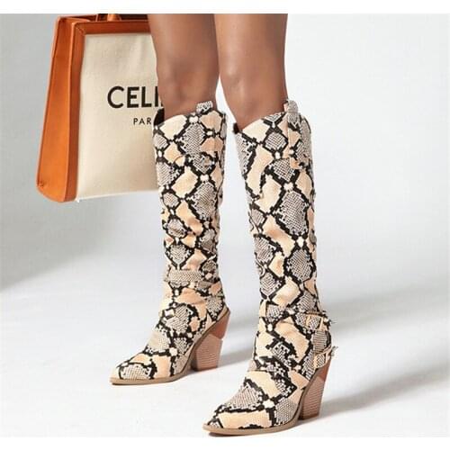 New Snake Print Knee High Boots Western Cowboy Boots for Women Long Winter Boots Pointed Toe Cowgirl wedges Motorcycle Boots