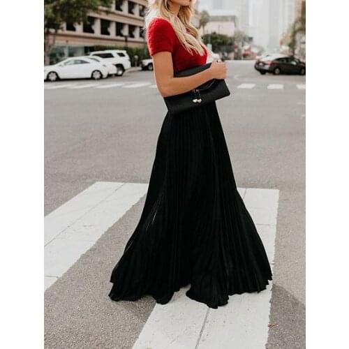 Solid Fashion Womens Summer High Waist Maxi Skirts Pleated Long Casual Loose Swing Skirt