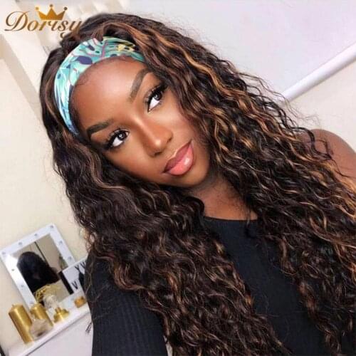 Headband Wigs Ombre Highlight Curly Human Hair Wig Glueless Machine Made Wigs Brazilian Brown Color Kinky Curly Wig Remy Hair