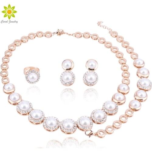 Simple Imitation Pearl Elegant Bridal Jewelry Crystal Necklace Earrings for Girl Party Gift Rhinestone Engagement Jewelry Sets