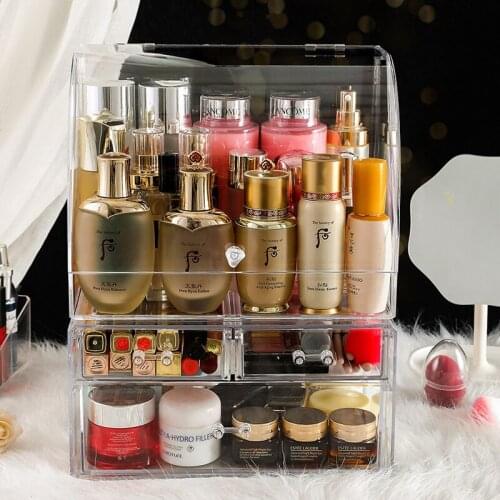 Clear Acrylic Makeup Organizer With Cover Desktop Cosmetic Storage Box Lipstick Nail Polish Holder Women Makeup Tools Organizer