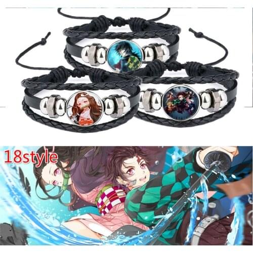 Qiyufang Demon Slayer Kimetsu No Yaiba Kamado Tanjirou Nezuko Cosplay Bracelet Time Gem Cabochon Alloy Wristband Gift Prop Fans