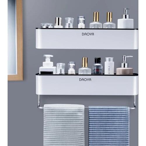 2PCS/Set Bathroom Shelf Shower Caddy Organizer Wall Mount Shampoo Rack With Towel Bar No Drilling Kitchen Storage Accessories