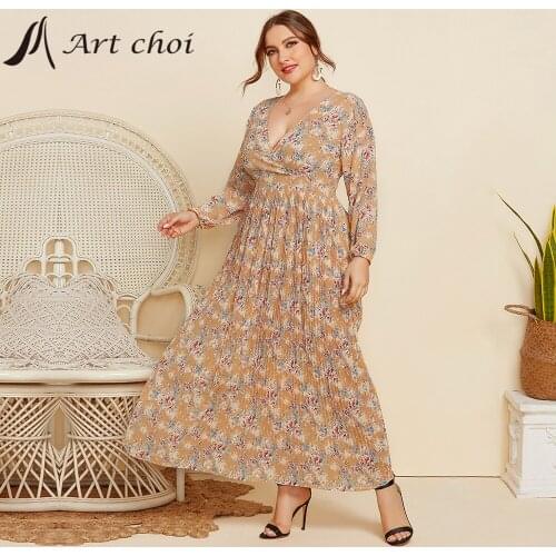 Spring Elegant Women Long Floral Pleated Dress Party Female Boho Beach Loose Skirt Puff Sleeve V-Neck Ladies Vestido Plus size