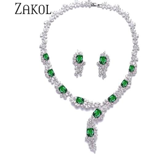 ZAKOL Top Quality Dazzling Green Rectangle Cubic Zirconia Flower Shape Jewelry Set for Women Anniversary White Color Jewelry