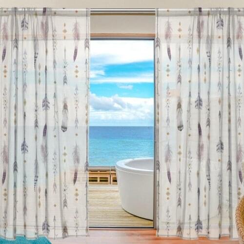 Watercolor Boho Arrows And Feather Voile Window Long Sheer Curtain Digital Print Tulle Polyester Curtain for Living Room Bedroom
