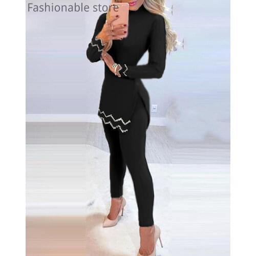 Women 2pcs Beads Deisgn Sets Long Sleeve Ribbed Slit Beading Long Sweater and High Waist Knitted Pencil Pants Set