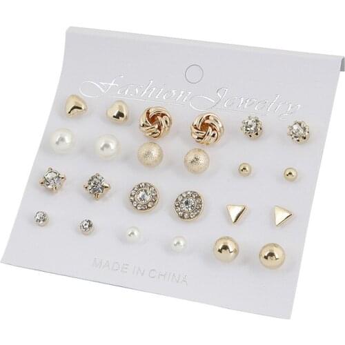 New Fashion 12 pair/set Women Square Crystal Heart Stud Earrings for Women Piercing Simulated Pearl Flower Earrings
