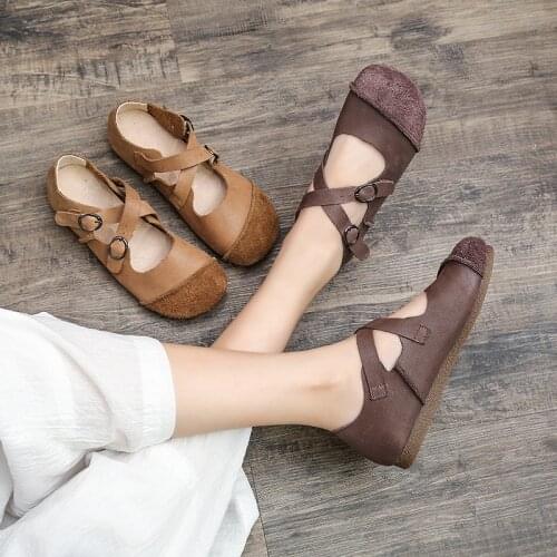 Tilocow Handmade Genuine Leather Women Flats Shoes Shallow Ballet Flats Female Retro Mocassins Buckle Loafers Ladies