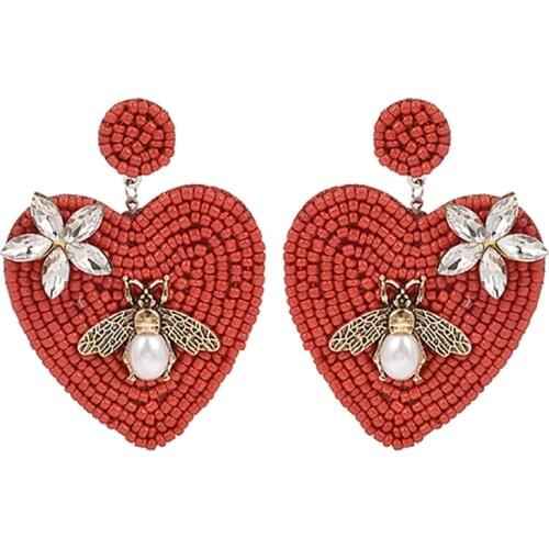 2021 New Ethnic Handmade Beaded Heart Dangle Earrings for Women Bohemian Vinatge Gold Bee Big Earring Wedding Fashion Jewelry