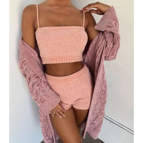 2020 Fashion Womens Cami Top Shorts Suit Summer Autumn Solid Color Pullover Tank Vest Elastic Waist Shorts Two Piece Outfits