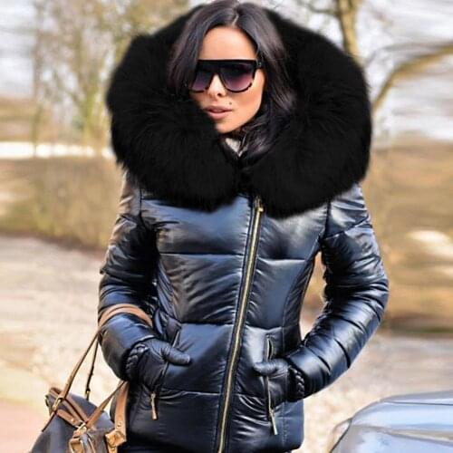 Women Autumn Winter Faux Fur Hood Zipper Warm Down Coat Outdoor Parka Outerwear