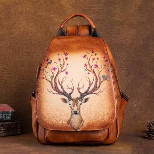 Genuine Leather Women Backpack 2021 Summer Fashion Hand Paint Large Capacity Backpacks for Female Vintage Travel Bag Pack Ladies