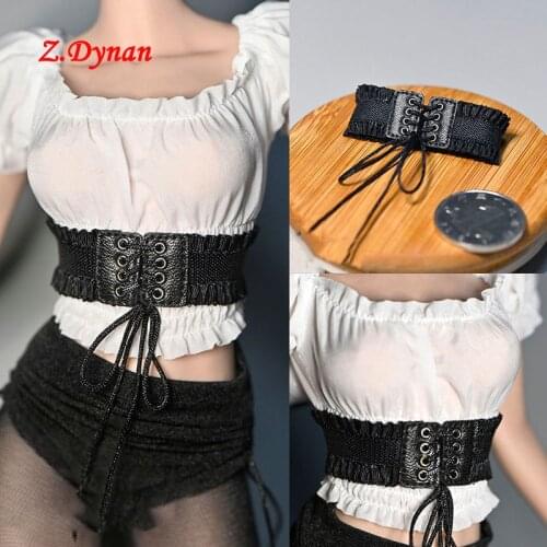 1/6 Female Off Shoulder Short Sleeve Exposed Navel Pleated Tops Wide Belt with Elastic Drawstring Waist Closure for 12" Body