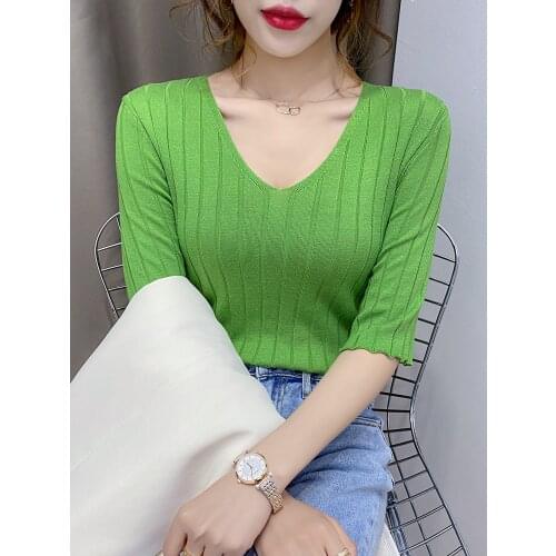 Knitwear Women V-Neck Short Sleeve Pullover 2021 New Summer Ice Silk Half Sleeve Knitted Sweaters Stripe Top Femme