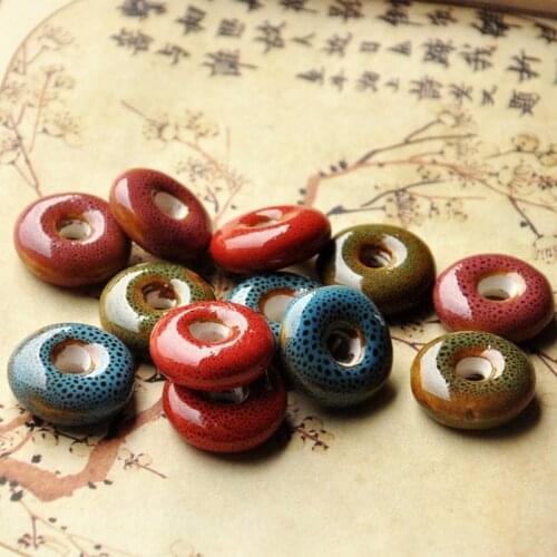 10pcs/lot Round Flower Glaze Ceramic Bead Porcelain Flat DIY Beads for Necklace Keyring Bracelet Jewelry Making Accessories