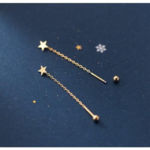 18K Gold 100% Real. 925 Sterling Silver Fine Jewelry Round Ball &Star Screw Dangle Threader earrings Pull Through Long C-G8212