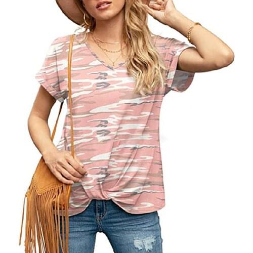 2021 Summer Fashion T-shirt Casual Loose Short Sleeve V-Neck Twist Knot Women Slit Hem Top for Dating Elegant T-Shirts