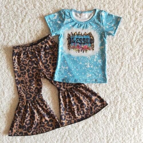 2021baby girls clothing short sleeve blessed bleached shirt leopard bells pants set outfit for spring outfit for baby grils