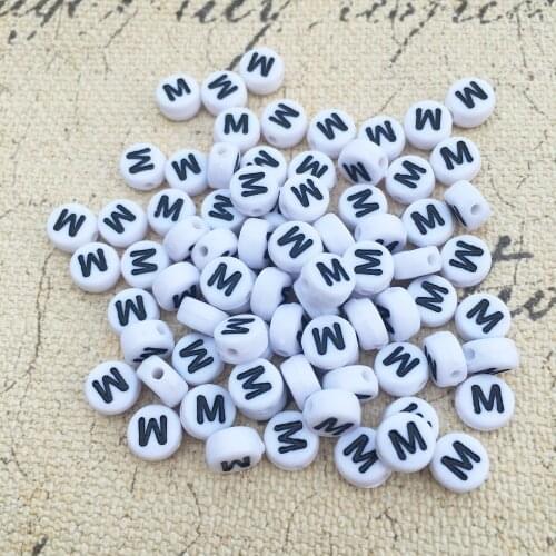Free Shipping 4*7MM Letter M beads Flat Round Shape White&Black Printed Individual Bag Alphabet Jewelry Acrylic Beads