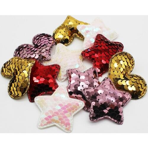 Glitter Sequins Fabric Heart/Star/Fish Padded Patches Appliques for DIY Crafts Clothes Hats Hairpin Cake Ornament Accessories