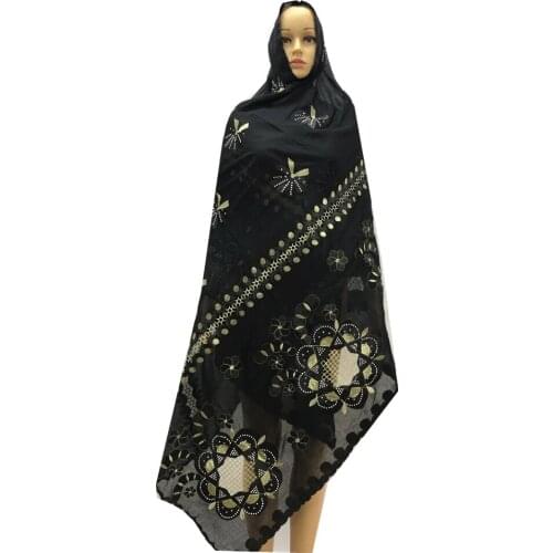 Black Voile Cotton African Scarf For Muslim Women African Dubai Turban Headscarf Long Big Embroidery Shawls 2.2*1 .2cm AF812-7