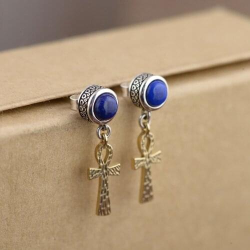 FNJ Cross Earrings 925 Silver Original Pure S925 Sterling Silver Drop Earring for Women Jewelry Lapis Lazuli Red Agate amethyst