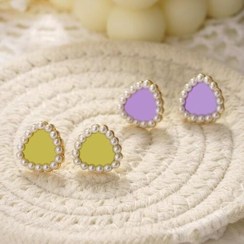 Jaeeyin 2021 Fresh Green Taro Purple Enamel Surround Pearl Triangle Shape Personality Jewelry Retro Earrings For Women Charming