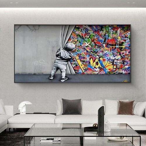 Graffiti Canvas Painting Children Like Street Art Behind Curtains Canvas Poster and Print Modern Art Painting Home Decoration