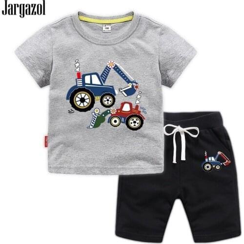 Jargazol Toddler Boy Clothing Set Cartoon Excavator Printed Summer Short Sleeve Shirt&shorts Baby Girls Clothes Kids Outfits