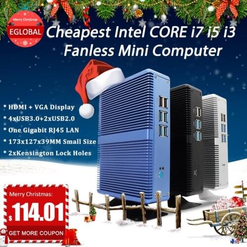 EGLOBAL Hot sell Fanless Gaming computer I3/I5/I7 DDR4 DDR3L Windows 10 pro mini pc HDMI VGA TV Media Player GAMING desktop