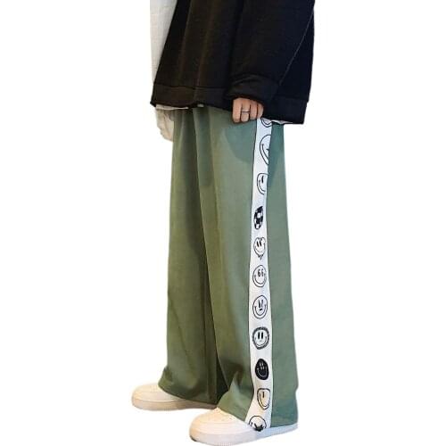 Korean Mens Fashion Smiley Graphic Print Casual Pants Summer Men Streetwear Hip Hop Jogging Pants 2021 New Listing Green Pants