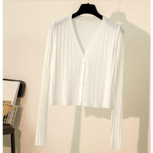 Korean Style V-Neck Short Knitted Sweaters Women Thin Cardigan Fashion Long Sleeve Sun Protection Cardigan