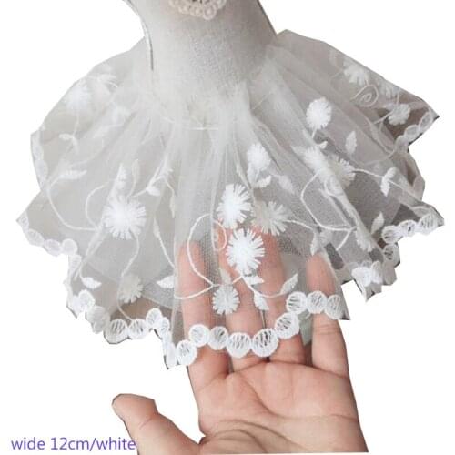 12cm Wide HOT Cotton Embroidered White flower lace fabric sewing DIY trim fringe applique Ribbon collar guipure wedding decor