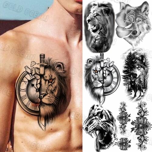 Lion Compass Dagger Temporary Tattoos For Men Adults Realistic Fox Wolf Forest Fake Tattoo Sticker Warrior Forearm Tatoos Chest