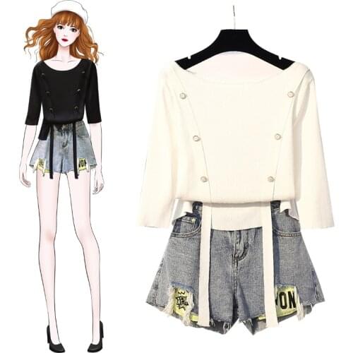 2020 New Summer Womens Two-piece set Top With denim Shorts set O-neck Short-sleeved knitted top+ Shorts Lady Two piece Set