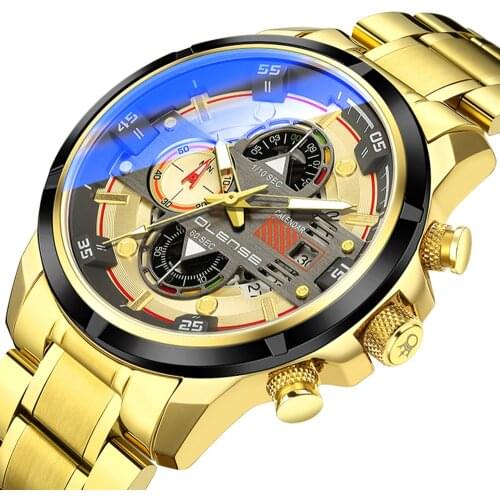 OLENSE 2021 Stainless Steel Mens Watches Blue Light Glass Multifunction Quartz Watch Casual Waterproof Date Chronograph Clock