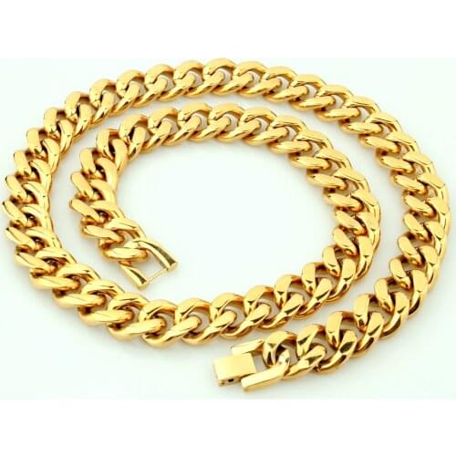 Tiasri 15mm Gold Color Curb Cuban Man Necklace Bracelet Choker Link High Quality Stainless Steel Chain Hip-hop Punk Jewelry