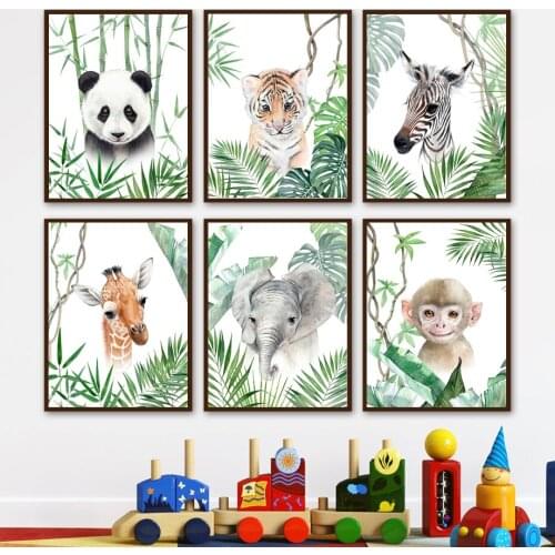 Panda Monkey Giraffe Tiger Tropical Leaf Plant Nursery Wall Art Print Canvas Painting Nordic Poster Decor Picture Baby Kids Room
