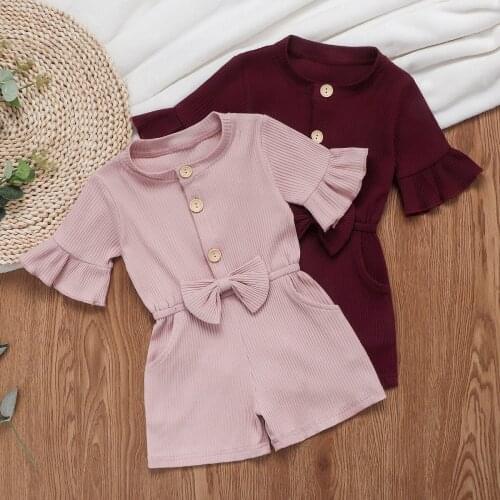 Pudcoco Toddler Baby Girl Clothes Solid Color Flare Sleeve Button Bowknot Romper Jumpsuit One-Piece Outfit Clothes