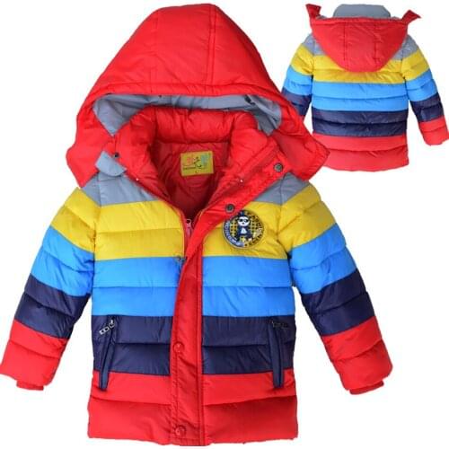 Kids Winter Down Jackets Boy Girls Candy Color Straipe Warm Coat Children Hooded Outerwear Windbreaker Zipper Clothing 3-6yrs