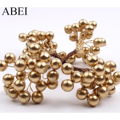 100pcs 10mm Gold Cherry Bouquet Artificial Two Heads Foam Berries Flower DIY Scrapbook Wreath Wedding Christmas Decoration
